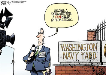 "Navy Yard Shooting", by Nat Beeler (the cartoonist criticizes the NRA's main argument (guns don't kill. People do). 