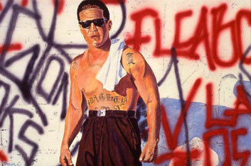 blood in blood out movie, bound by honour, vatos locos, adan hernandez, merchandise, chicano noir, cheech marin collection, carnalismo, artwork, poster, print, painting, drawing, estate of adan hernandez, legacy, paco, cruz, miklo