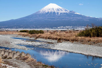 富士と新幹線　JR東海道新幹線 富士川河口（全紙）