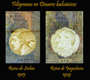 Serbia 100 dinares 1905 vs. Yugoslavia 100 dinares 1929 filigranas