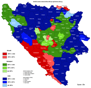 In drei Ethnien aufgeteilt: grün=Bosnjaken (islamisch), blau=Serben (ortodox), rot=Kroaten (katholisch). Vor dem Krieg waren die Gegenden heterogen und Mischehen ganz normal. Die heutige Aufsplittung führt zu vermehrter Spannung.