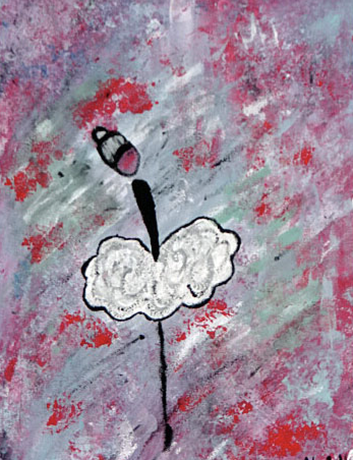Peinture, thon, rose, vert gris, représentant une danseuse stylisée à l'allure chinoise dans un style caricatural œuvre de Nine artiste, peintre à Trans en Provence
