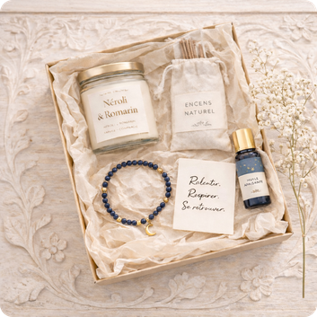 Coffret bien-être composé de bougie, encens et accessoires pour rituel de détente.