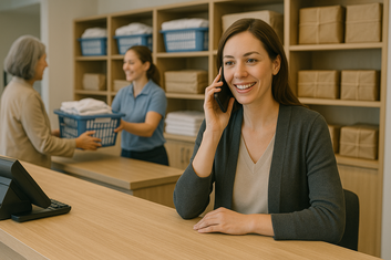 Frau am Empfang spricht lächelnd am Telefon, im Hintergrund übergibt eine Mitarbeiterin einer Kundin einen Wäschekorb
