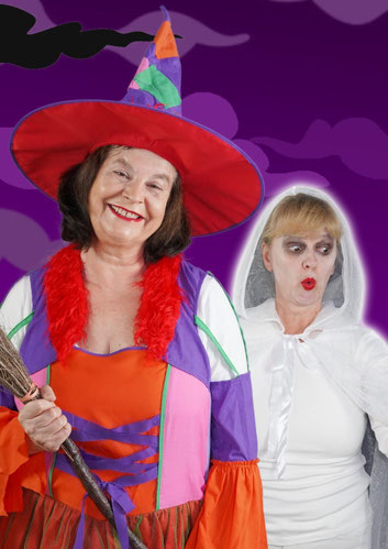Kindertheater, Foto einer bunten Hexe und eines weißen Gespenst