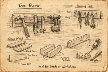 Hand-drawn wooden tool rack mounted on a wall, holding tools such as hammer, drill, and spanners.