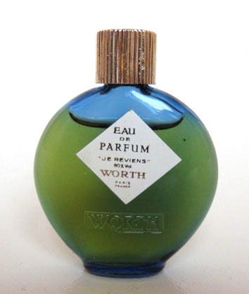 JE REVIENS - EAU DE PARFUM : PETITE MINIATURE TYPE "MONTRE" EN VERRE TEINTE BLEU - ETIQUE BLANCHE : MINIATURE IDENTIQUE A CELLE DE LA PHOTO PRECEDENTE