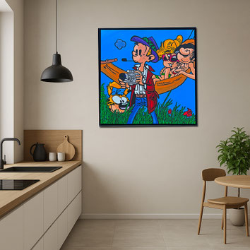 Design-Küche mit dem 100x100 cm großen Pop-Art Gemälde DER FOTOGRAF. Ein farbenfroher Akzent von Divo Santino, der moderne Kücheneinrichtung perfekt ergänzt.