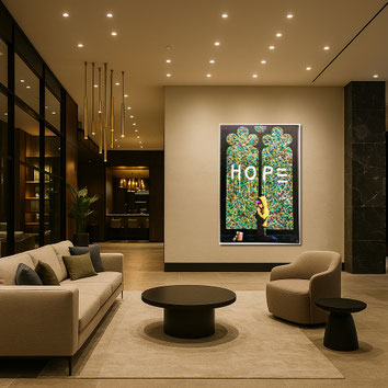 Repräsentative Hotel-Lobby mit dem modernen Unikat HOPE, großformatige Kunst für ein einladendes und exklusives Empfangs-Ambiente.