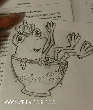 Skizze Idee Frosch mit Krone in einer Tasse Stempel Vorlage vom Stempel-Wunderland.de