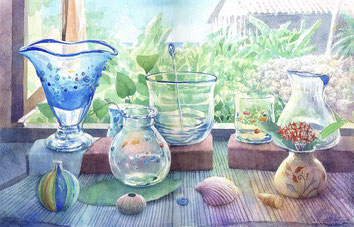 真作】絵画 三朗銘 水彩 窓辺の静物 色彩の饗宴 瑞々しい果実の