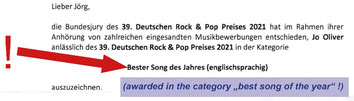 Excerpt from the cover letter of the award (German Rock & Pop Award by DRMV) 