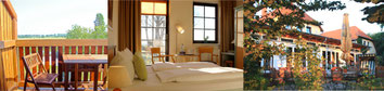 Hotel Ostseeland, Blick vom Balkon, Zimmer mit Bett, Terrasse mit Blick auf das Haus