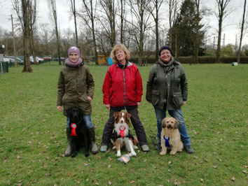 Unsere Trainerinnen mit ihren Hunden (v.l.n.r.):  Caro mit Bogart, Elke mit Arnie und Uschi mit Sandy