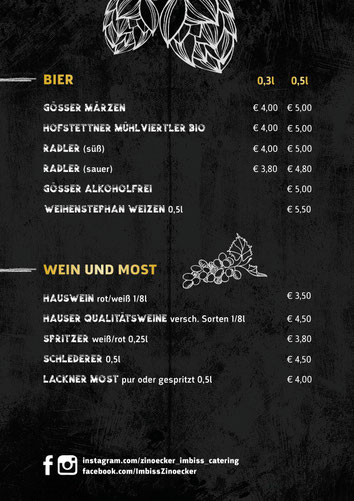 Zinöcker Getränkekarte - Bier und Wein