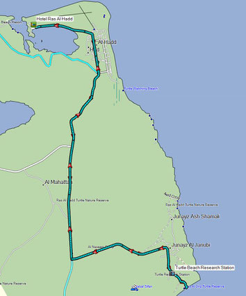 Bild 22 Vom Hotel zum Turtle Reserve Ras al Jinz - Kartenquelle: © OpenStreetMap-Mitwirkende