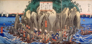 Pèlerinage à la grotte sacrée de Benzaiten, par Hiroshige, Japon, années 1850. Domaine public. Source : Wikipedia.org.