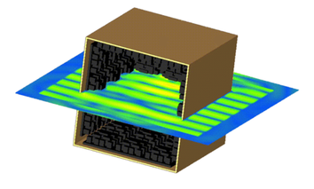 Fig. EM field in an anechoic chamber with absorbers in response to a 6 GHz plane wave, amplitude 1 V (calculated)