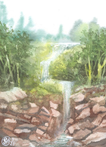 Aquarellbild "Wasserfall mit Wald und Gestein" in gedeckten Farben (grün und Siena gebrannt)