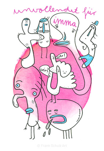 Figuren in blau und pink, gezeichnet von Frank Schulz