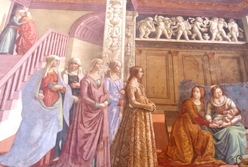Detail from: The Birth of Mary by Domenico Ghirlandaio, showing a group of ladies in typical 15th century Renaissance dress;, Cappella Tornabuoni, Santa Maria Novella, Firenze. Epochs of Fashion