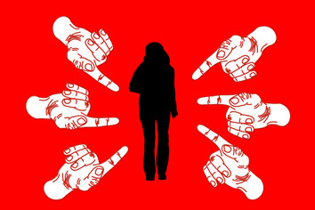 Fingers pointing at stressed woman carton. About stress levels