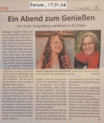 Artikel Forum 17.01.26 Storytelling und Musik, Simone Saitenfeder und Lisa Fitzek