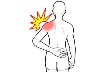 五十肩により左手を腰の後ろに回そうとした際、肩に痛みが出ることを示すイラスト