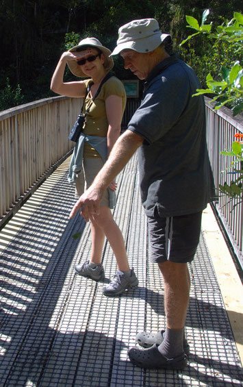 A volunteer worker on the pathway and Karen. He remarked that since the nearby drop of 1080 poison bird song in the valley has hugely diminished.