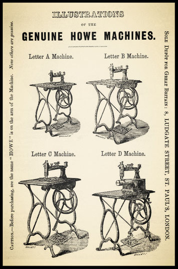 Figure 97.—Advertising brochure distributed by E. Howe during the brothers’ brief partnership; the machines are basically A. B. Howe machines, 1863. (Smithsonian photo)