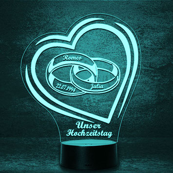 Ringe zum Hochzeitstag Geburtstag 3d LED Lampe + Wunschgravur
