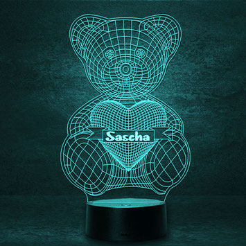 Teddybär mit Herz und Ornament LED Lampe + Wunschgravur