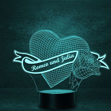 Herz mit Rose und Ornament LED Lampe + Wunschgravur