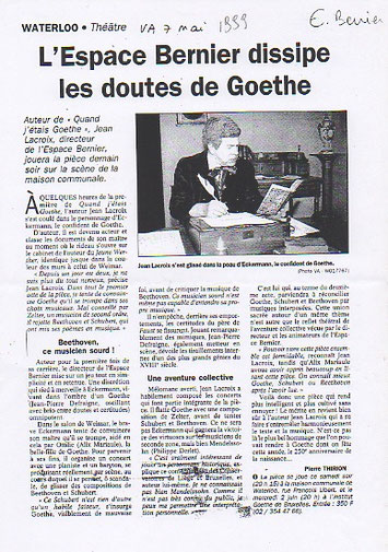 Article du journal "Vers l'Avenir" pour la pièce "Quand j'étais Goethe" de Jean Lacroix