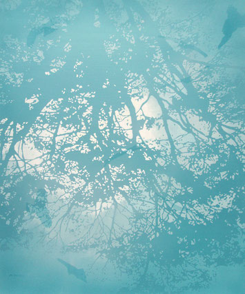 アクリル絵画　透明感　幻想的　植物　泡　水面
