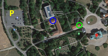 gelb: Parkplatz, blau: Mensa, grün: Unterrichtsräume, rot: Schloss Belvedere