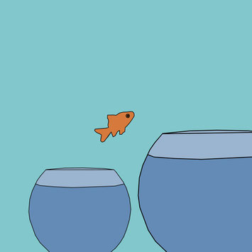 Cartoon illustration of a goldfish leaping to a larger bowl