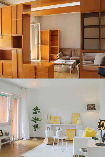 Ein Wohnzimmer im Vorher-Nachher-Vergleich: Home Staging hebt mit geringen Mitteln das eigentliche Potenzial der Immobilie hervor und erleichtert den Verkauf. Foto: Deutsche Gesellschaft für Home Staging und Redesign (DGHR), Rita Lageder/ Christina Wellha
