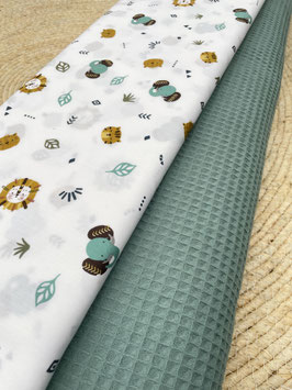 2er Stoffpaket Waffelpique Eukalyptusgrün und Baumwolle mit Löwen und Elefanten Köpfen 2x0,5m für Patchwork Deko Kleidung und Heimtextilien