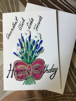 Klappkarte mit Umschlag „Happy Birthday/ Lavendel/Stoffblümchen“