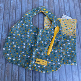 Bavoir avec pochette vert imprimé motifs jaunes et blancs