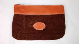 pochette en cuir corail et lin chocolat grand modèle