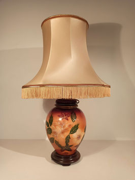 Grande lampe à poser pied céramique vernie fleurs orange et marron