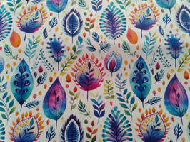 Biojersey Boho Blätter in Blau-bunt auf weißem Hintergrund