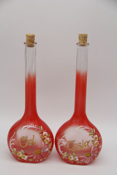 Set Öl & Essig Glasflasche mit Korken rot handbemalt Blumen