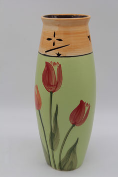 große hohe Keramikvase Tulpenvase Blumenvase grün rot Tulpen