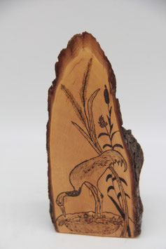 Holzdeko Handarbeit Brandmalerei Pyrographie Kranich Reiher Holzstück Holzbild