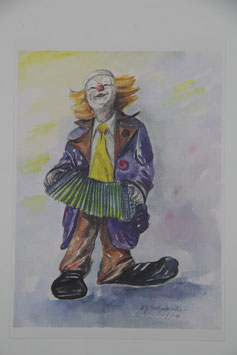 Farbdruck von Aquarell "Clown mit Akkordeon" Charlotte Schwenker 1994 Kunstdruck