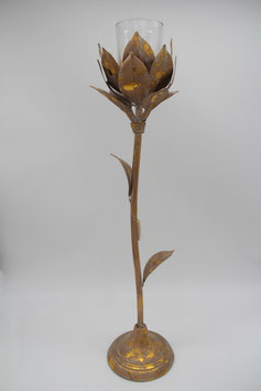 großer hoher Kerzenhalter Doré Metall Glas gold Blume