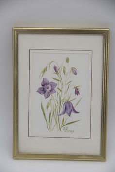 Ines Jaitner original Aquarell Glockenblumen lila Blüte Metallrahmen 6,5x9,5cm